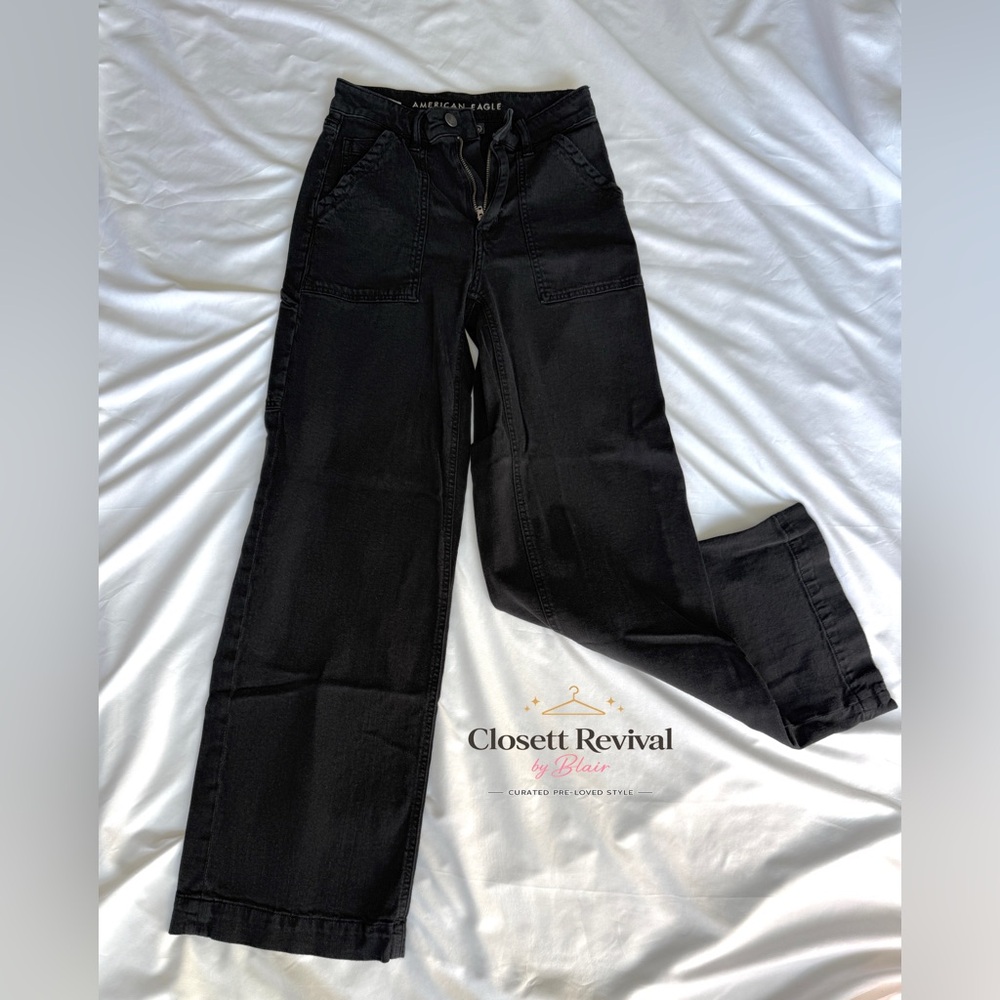 American Eagle Black Wide Leg Utility Patch Pocket Jeans Size 00 Regular